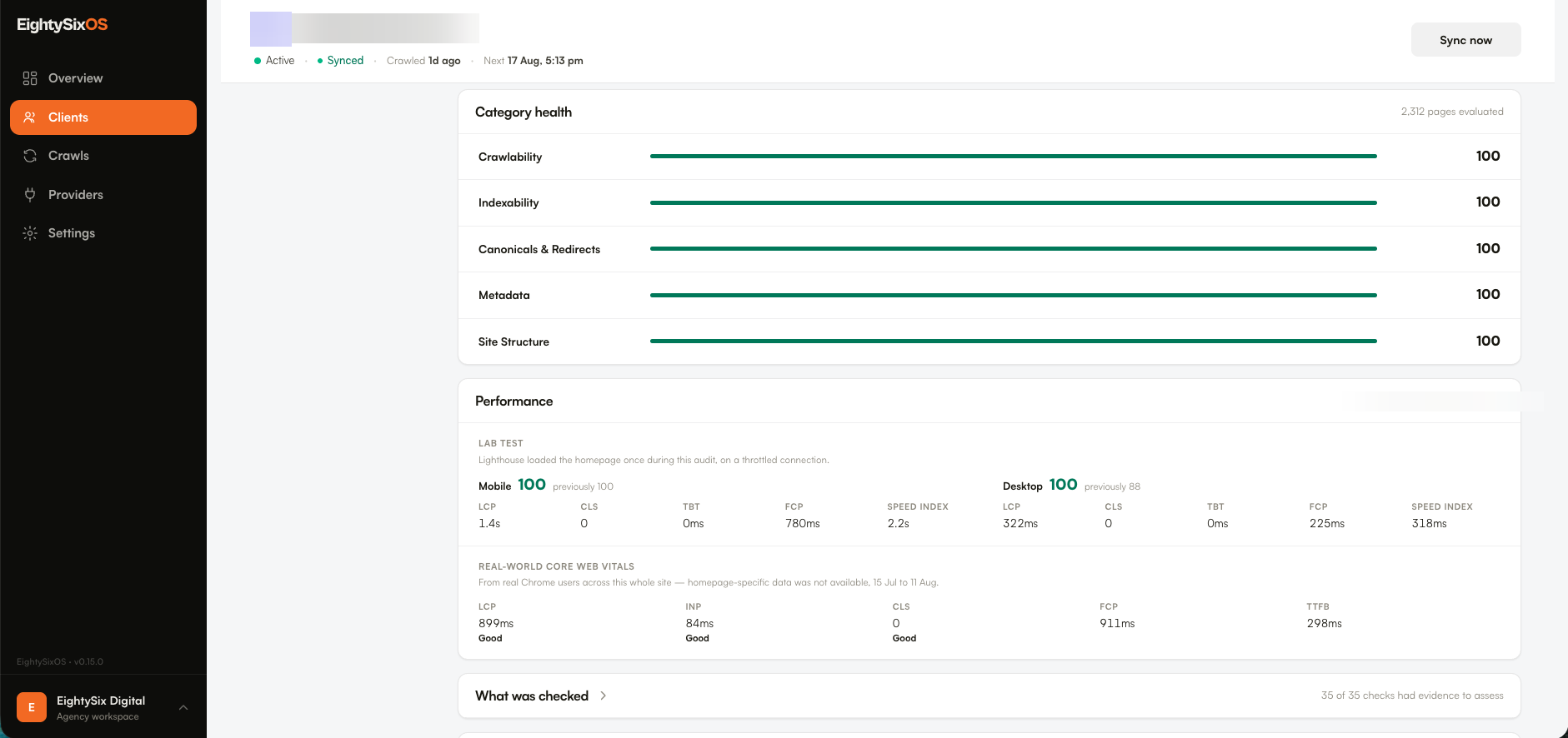 Category health in EightySixOS across crawlability, indexability, canonicals and redirects, metadata and site structure, each scored out of 100, alongside a performance panel showing Core Web Vitals from a Lighthouse lab test and real Chrome users.