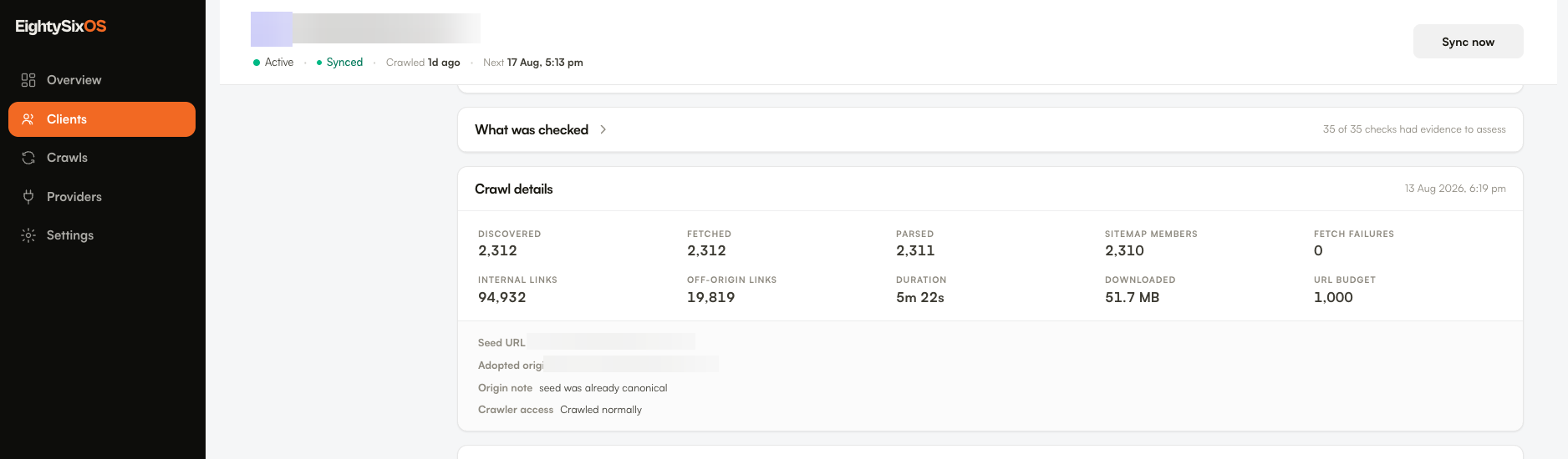 Crawl details in EightySixOS: pages discovered, fetched and parsed, sitemap members, fetch failures, internal and off-origin links, crawl duration and data downloaded for a single crawl.