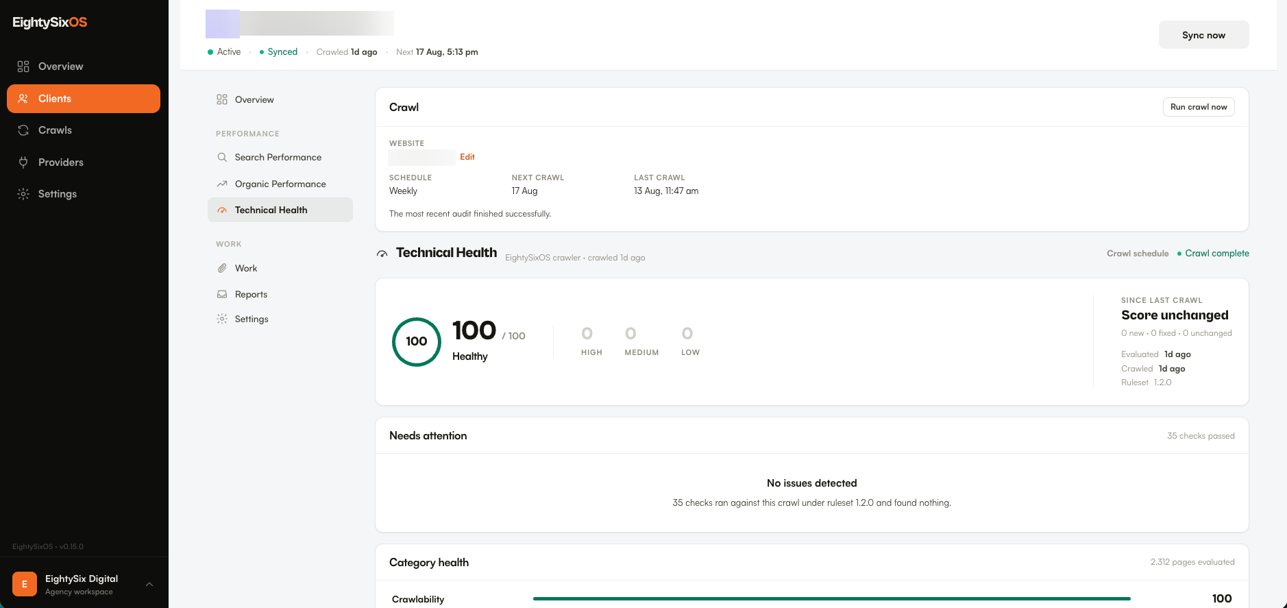 A client's Technical Health in EightySixOS: a health score of 100 out of 100, high, medium and low issue counts, a since-last-crawl comparison, a weekly crawl schedule, and category health for crawlability.