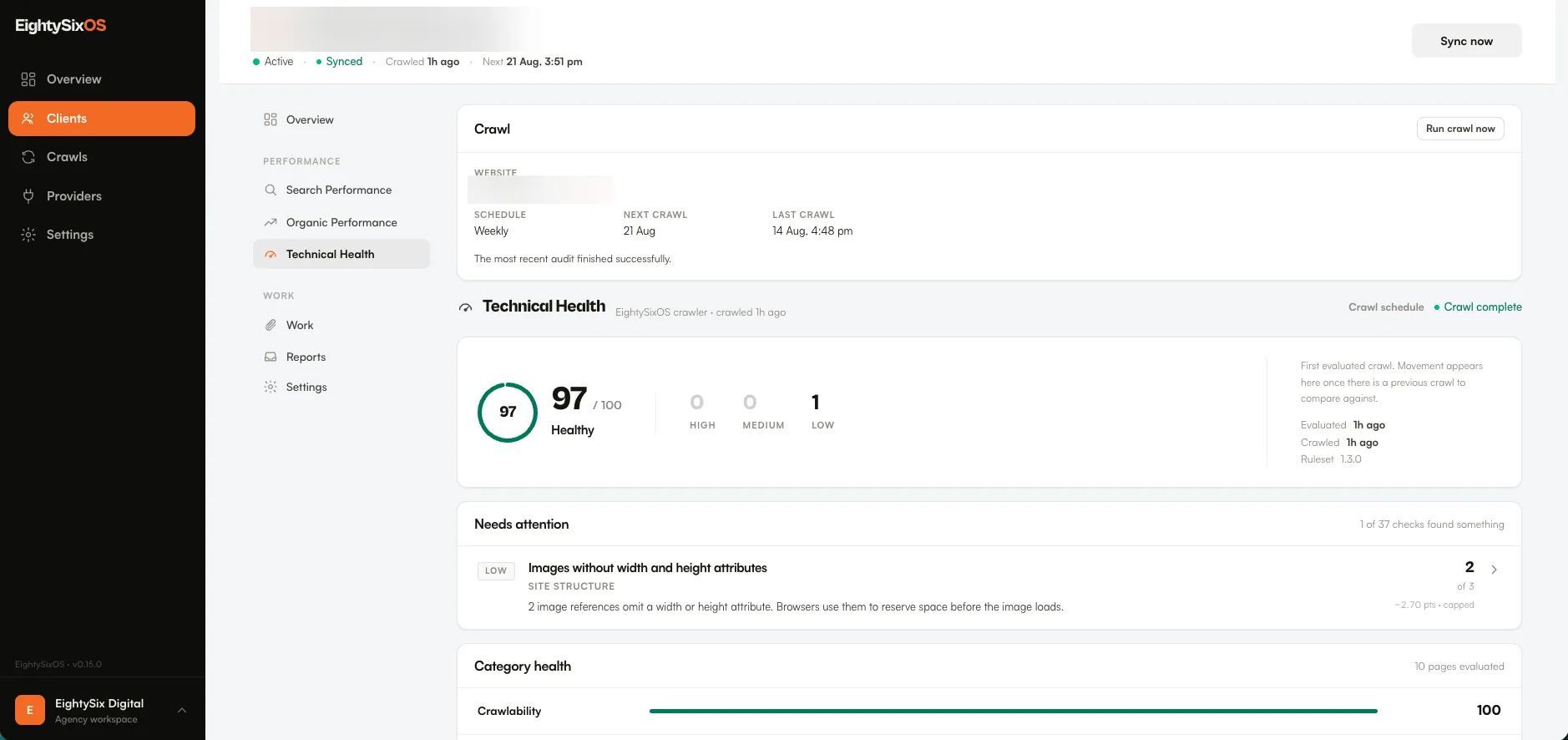 A client's Technical Health in EightySixOS: a health score of 97 out of 100, a low-severity issue flagged for images without width and height attributes with the reason and affected pages, and category health for crawlability.