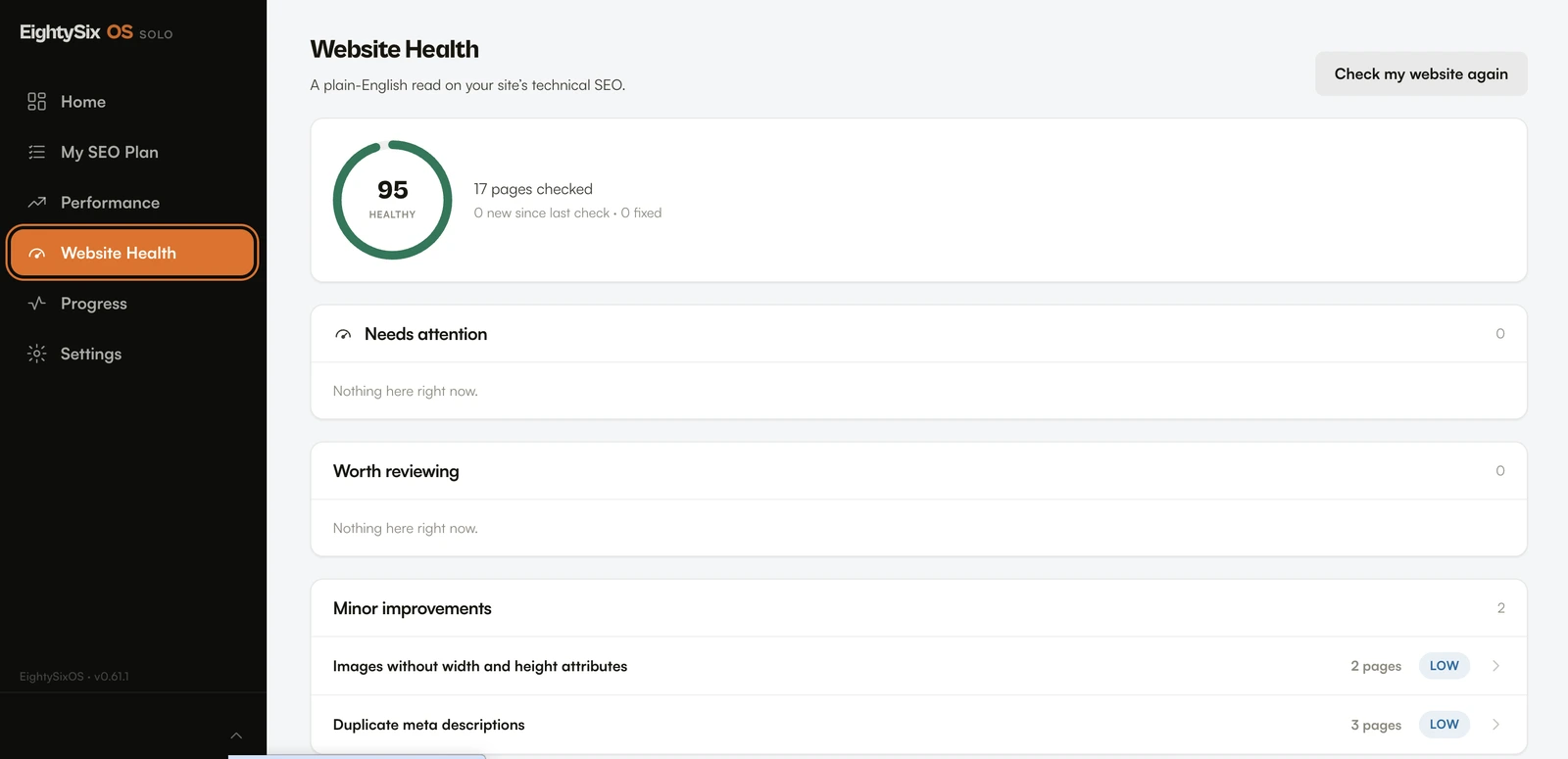 EightySixOS Website Health screen showing an overall health score, pages checked, and issues grouped by severity