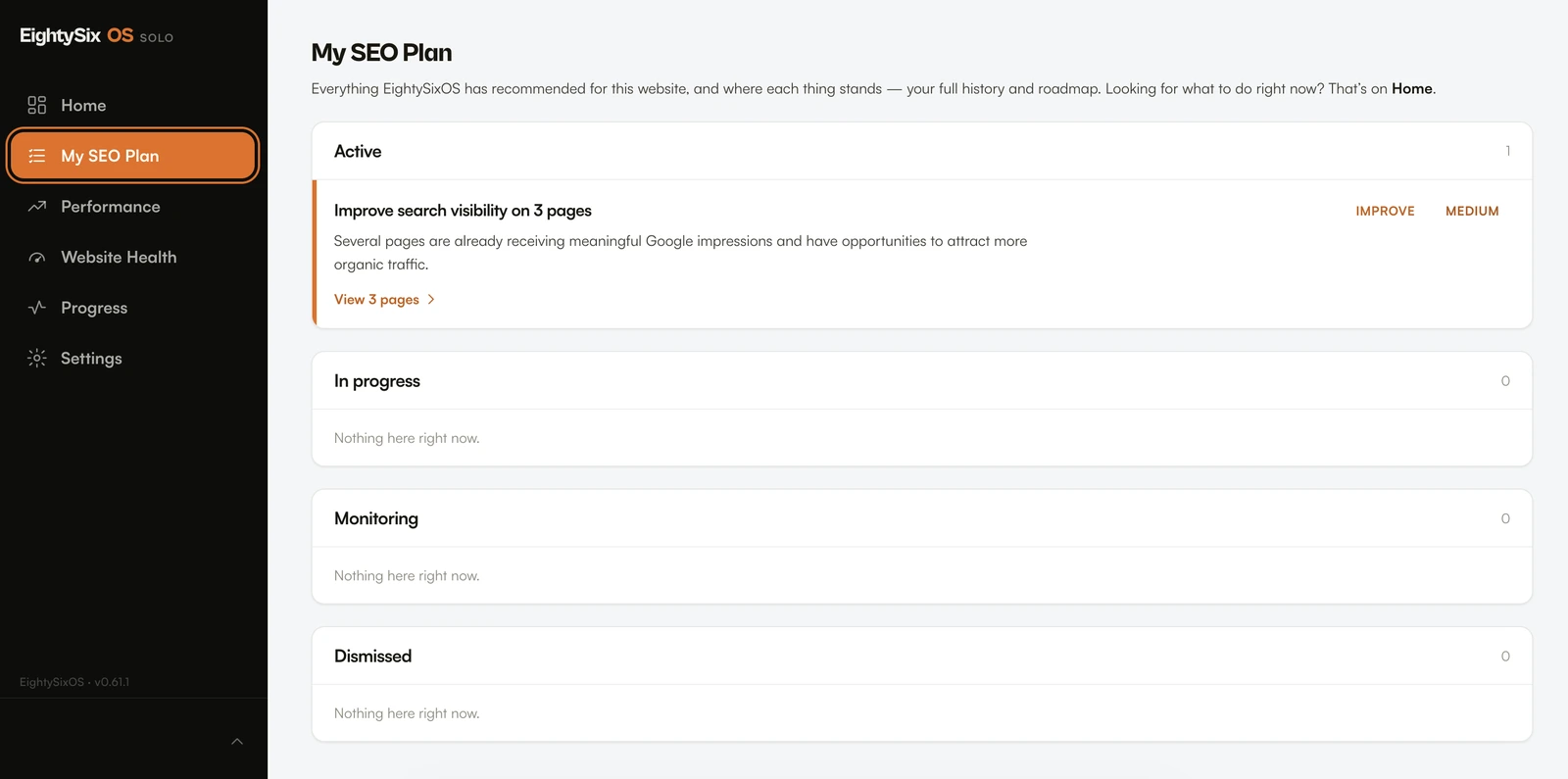 EightySixOS My SEO Plan screen showing active, in progress, monitoring and dismissed recommendations