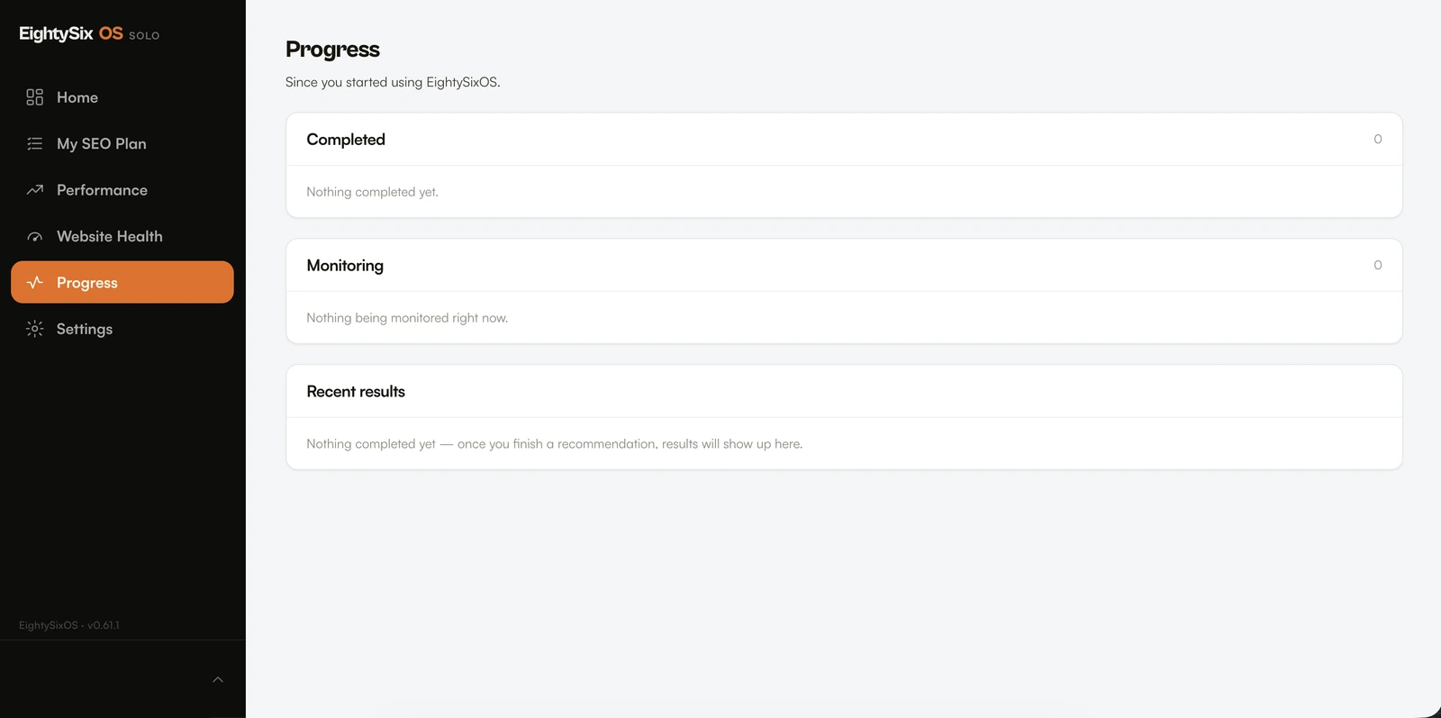EightySixOS Progress screen showing completed and monitored recommendations, and recent results